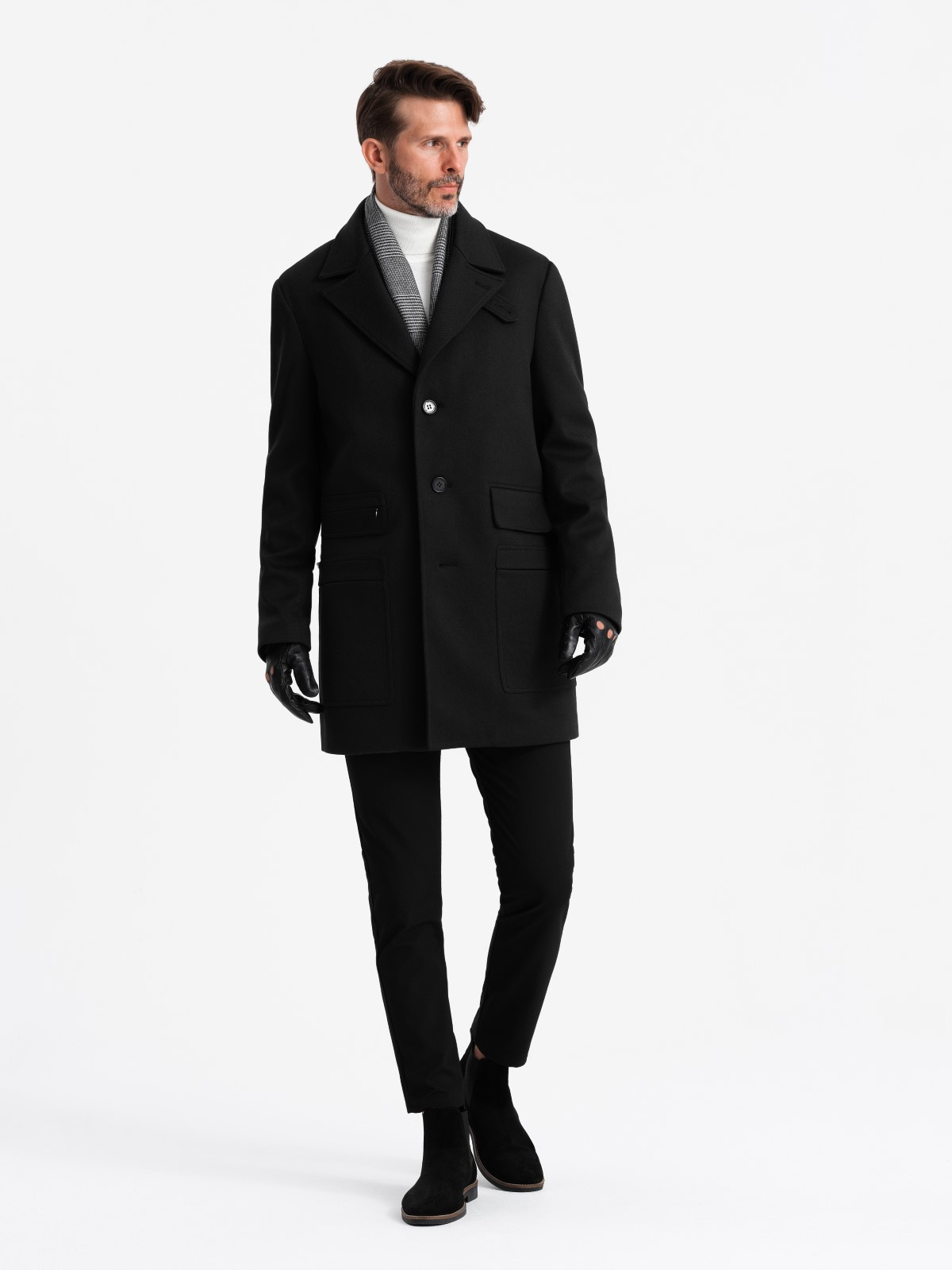 Ombre Men's single-breasted patterned coat with pockets - black