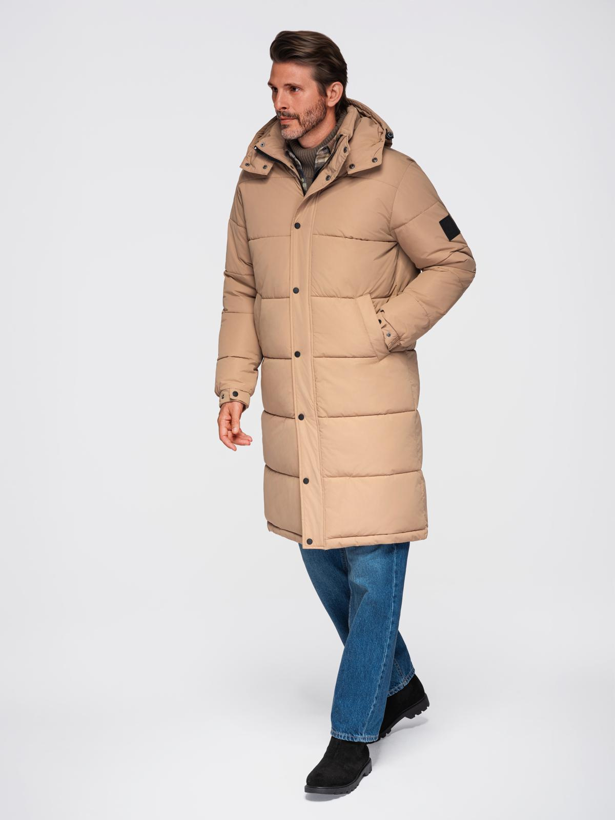 Ombre Men&#039;s quilted long jacket with detachable hood - beige