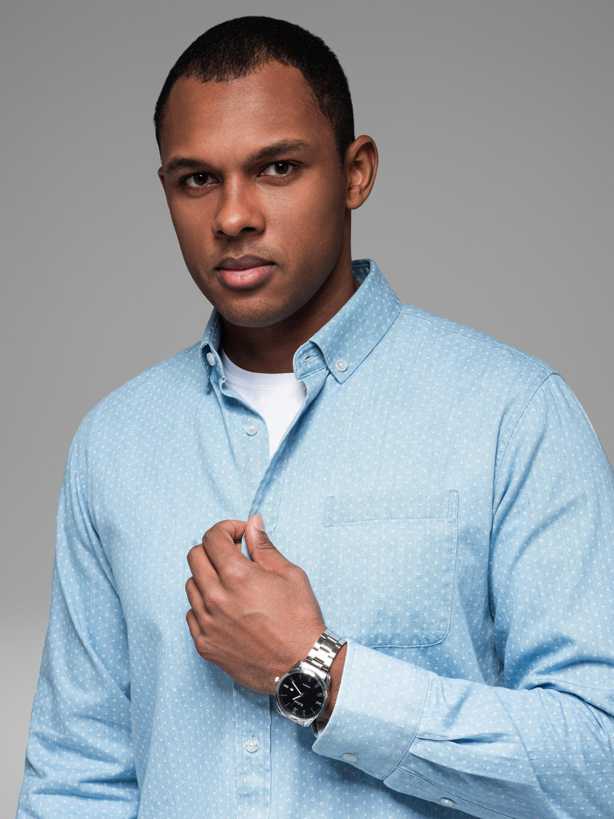 Ombre Men&#039;s patterned thin denim shirt with pocket - light blue