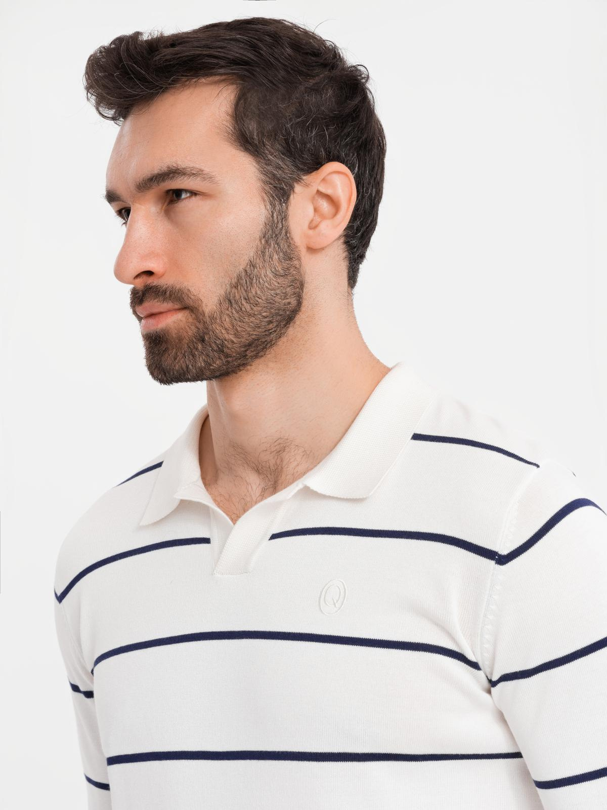 Ombre Men&#039;s horizontal striped polo longsleeve with viscose - white and navy blue