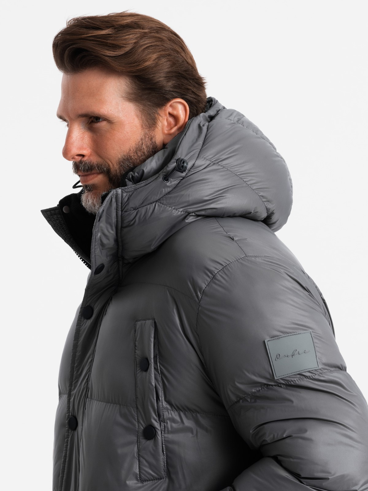 Ombre Men&#039;s long puffer jacket with snap pockets - graphite