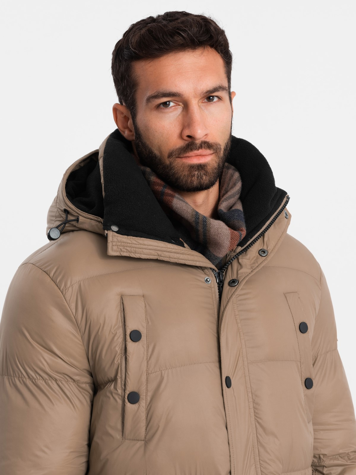 Ombre Men&#039;s long puffer jacket with snap pockets - brown