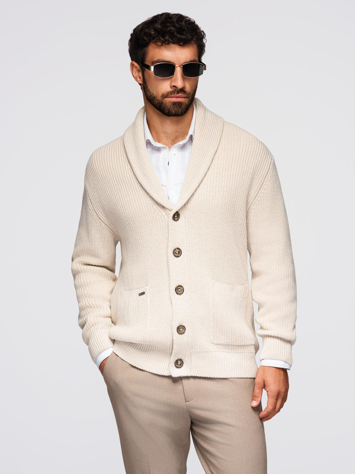 Ombre Men's cotton cardigan sweater with shawl collar - beige