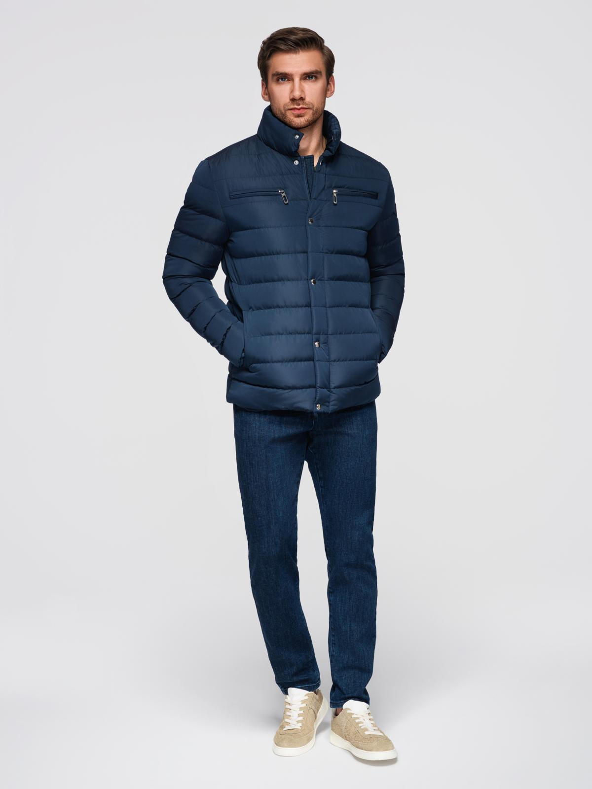 Ombre Men&#039;s quilted jacket with stand-up collar and chest zips - navy blue