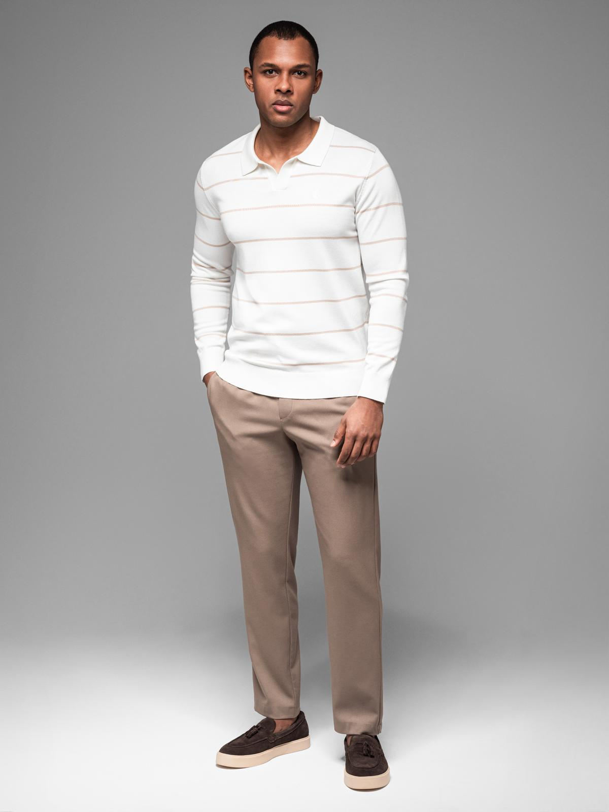 Ombre Men&#039;s horizontal striped polo longsleeve with viscose - white and beige