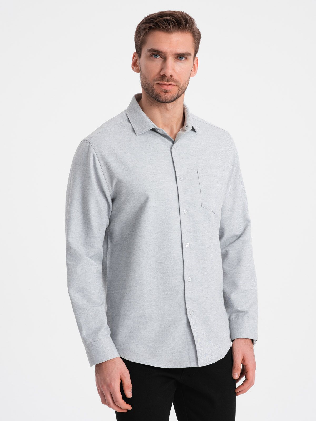 Levně Ombre Men's shirt with pocket REGULAR FIT - light grey melange