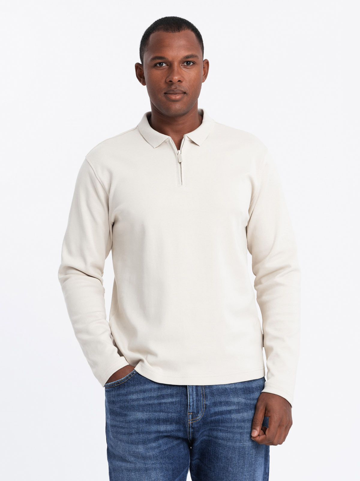 Ombre Men's Polo Longsleeve With Zippered Collar - Cream