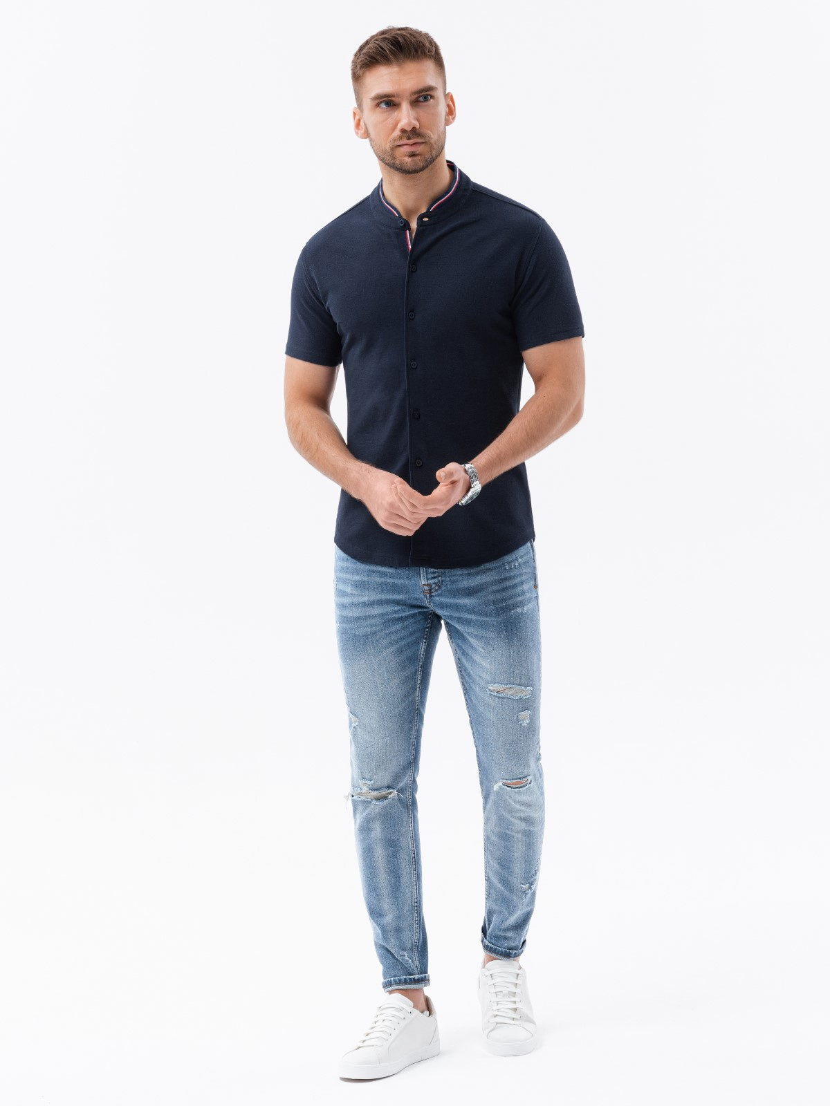 Ombre Men's knitted shirt with short sleeves and collared collar - navy blue