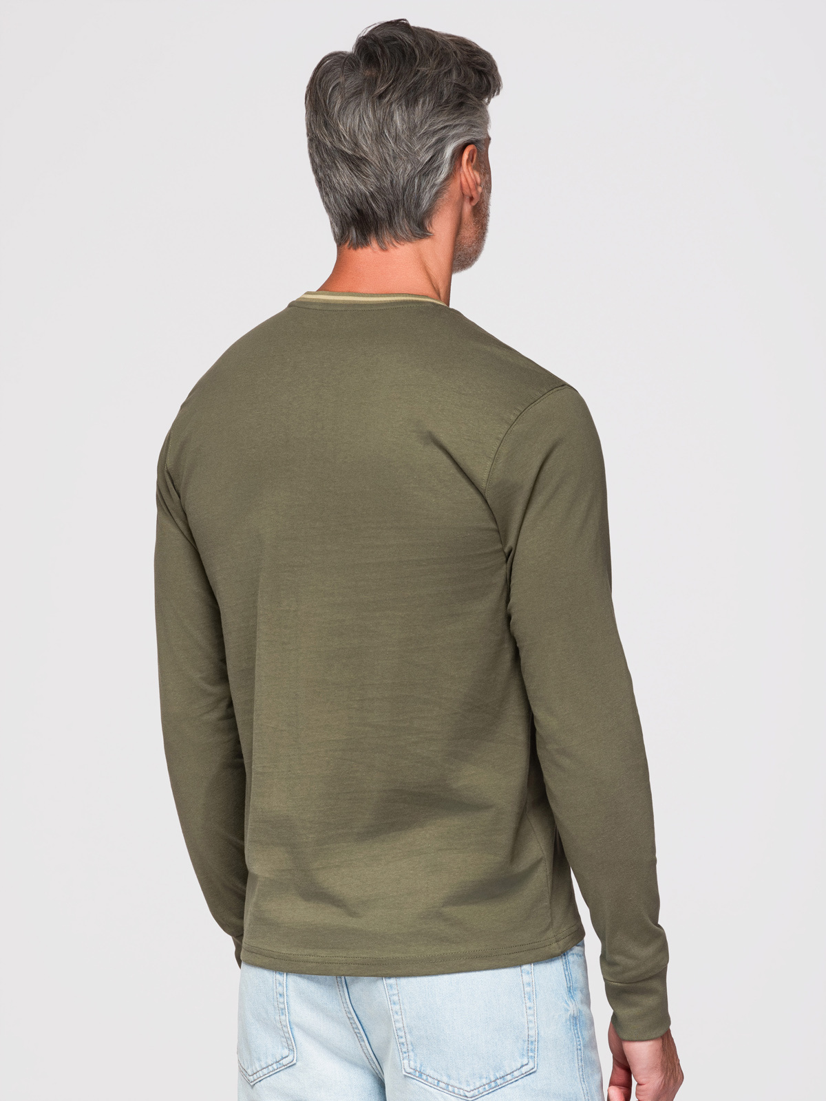 Ombre Men's cotton longsleeve with U neckline with stripes and embroidery - olive