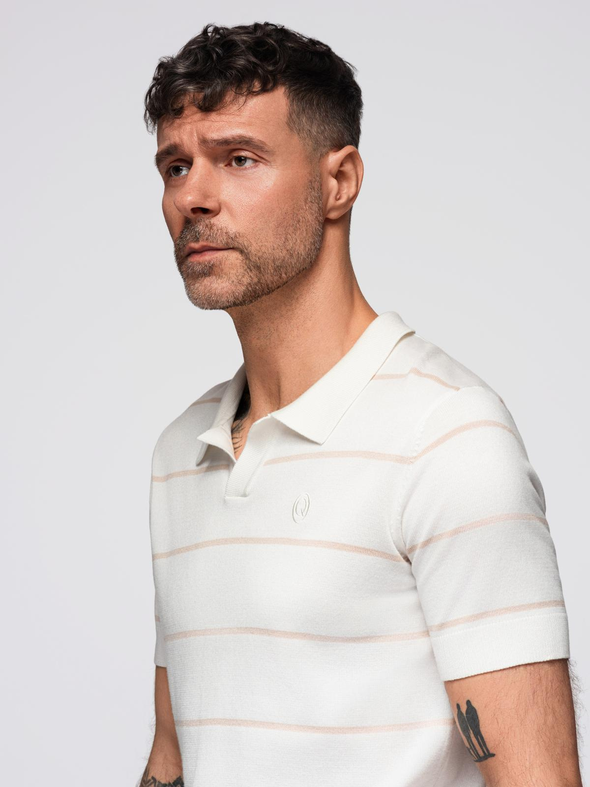 Ombre Men's horizontal striped viscose polo shirt - white and beige