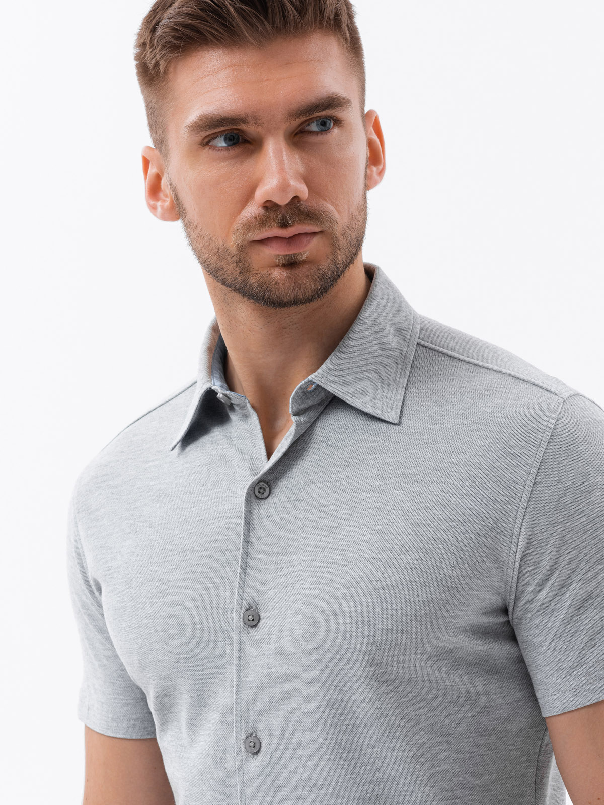 Ombre Men's knitted slim fit shirt with short sleeves and collar - grey