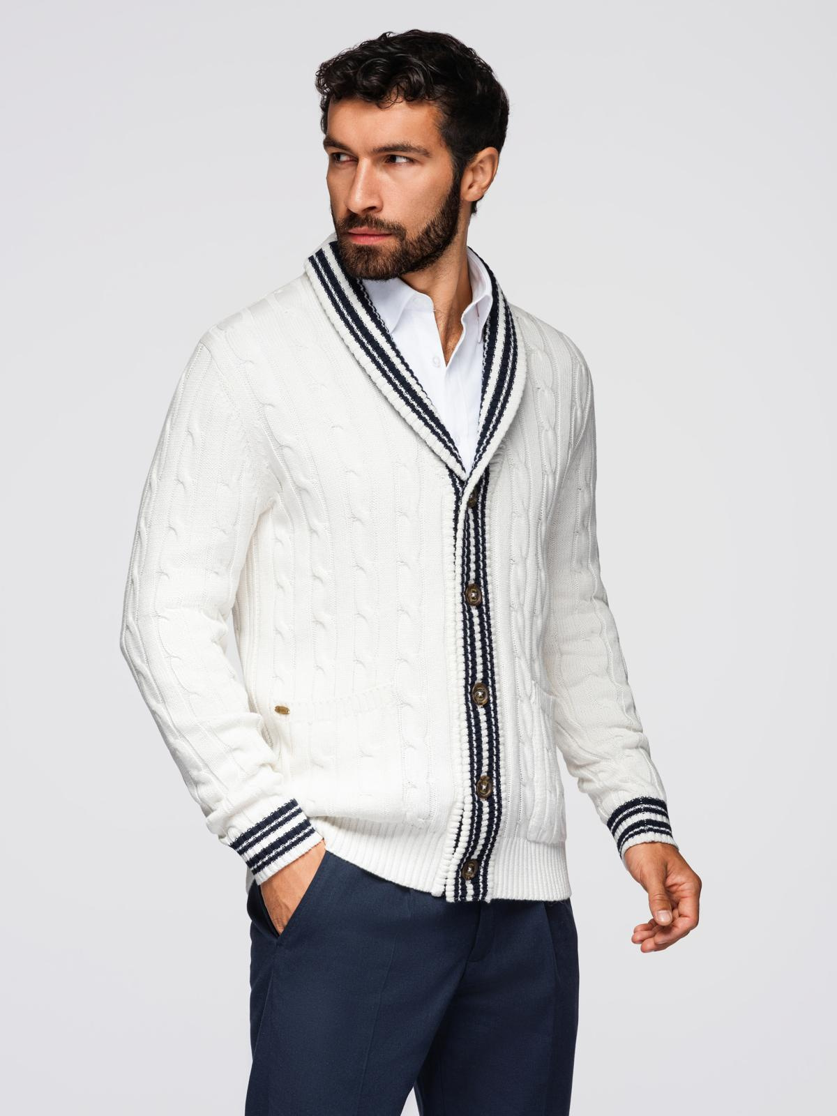 Ombre Men's cardigan sweater with shawl collar in preppy style - white