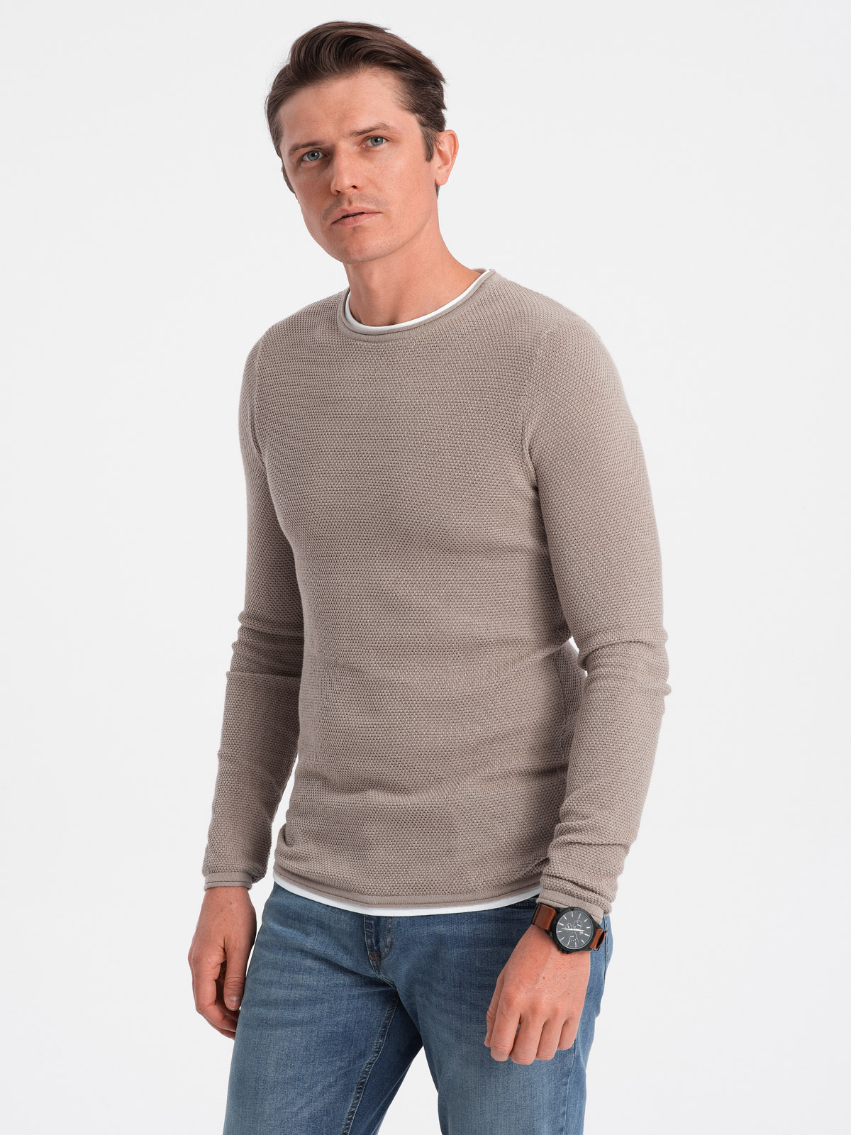 Ombre Men's Cotton Sweater With Round Neckline - Cold Beige