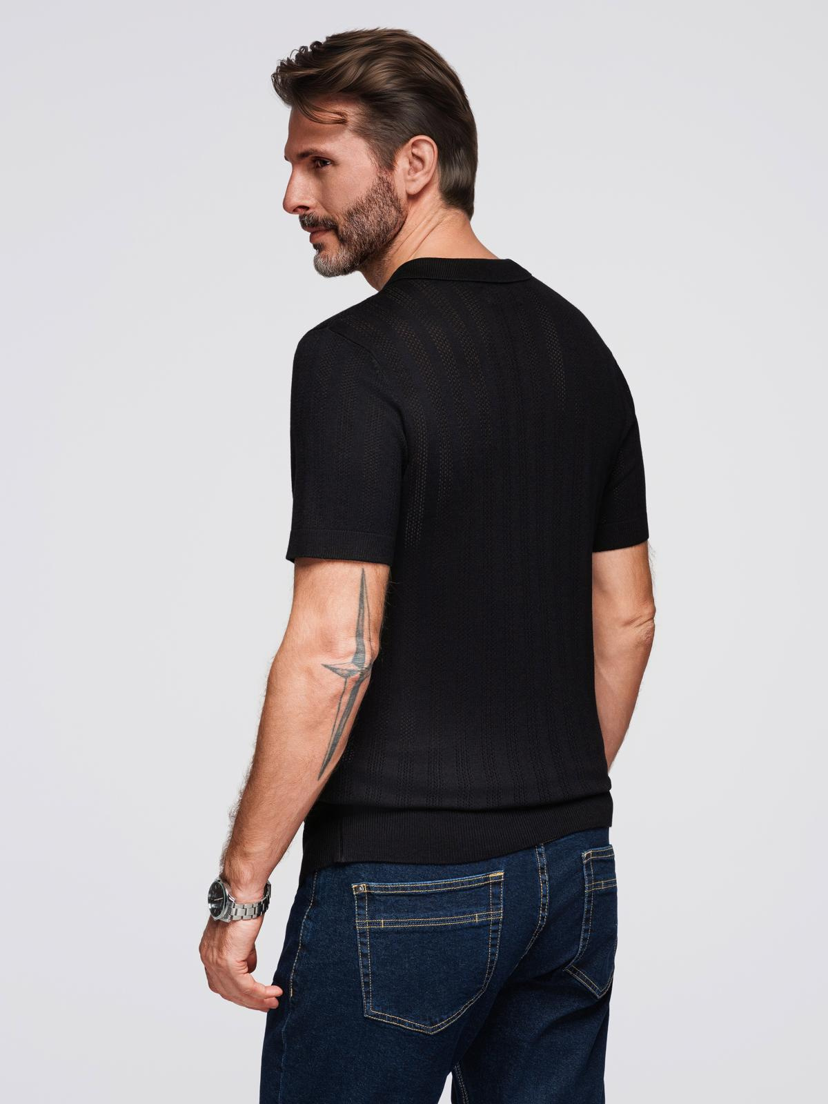 Ombre Men's openwork polo shirt with zipper at neckline - black