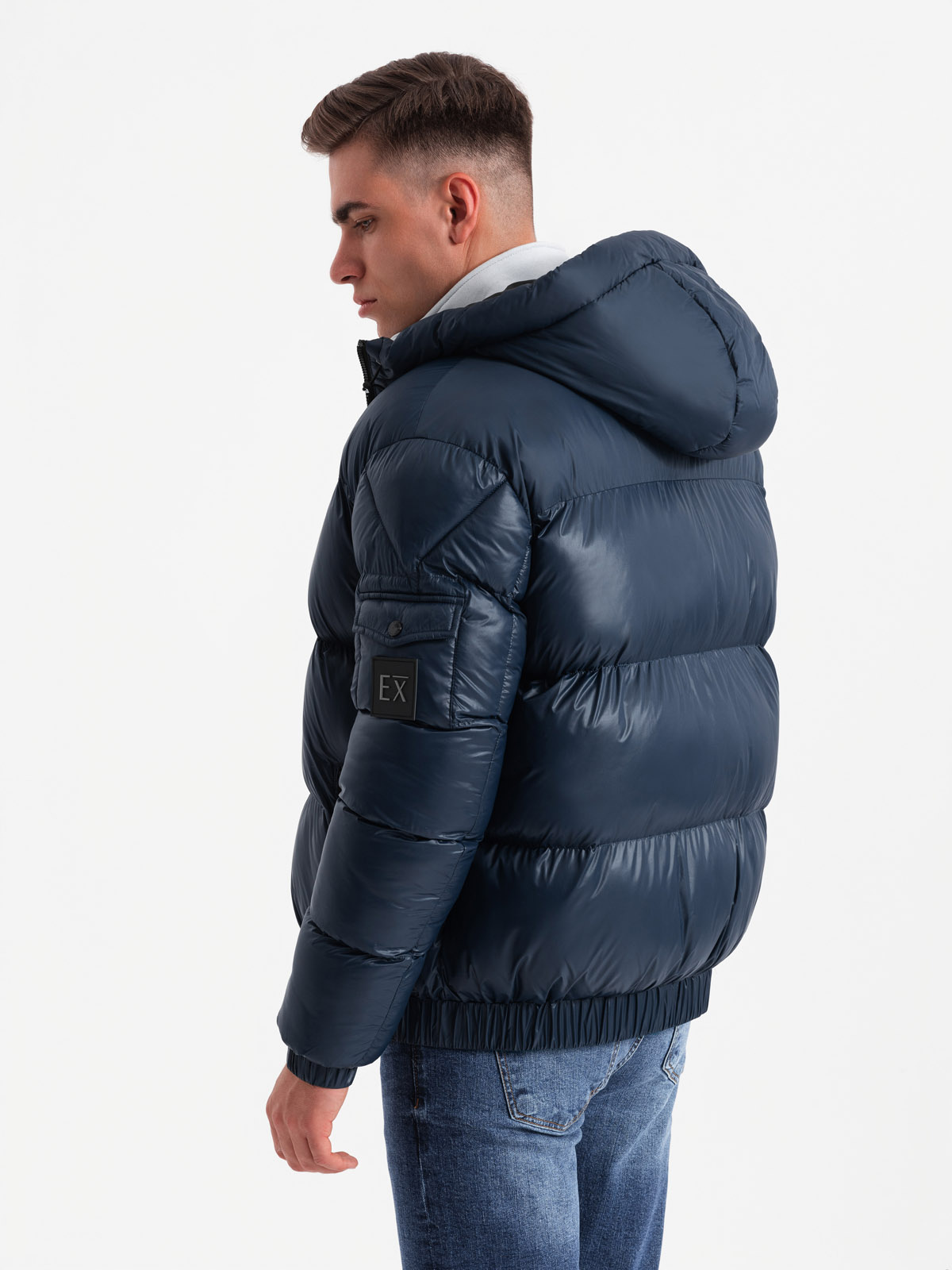 Ombre Warm men&#039;s puffer jacket with welts - navy blue