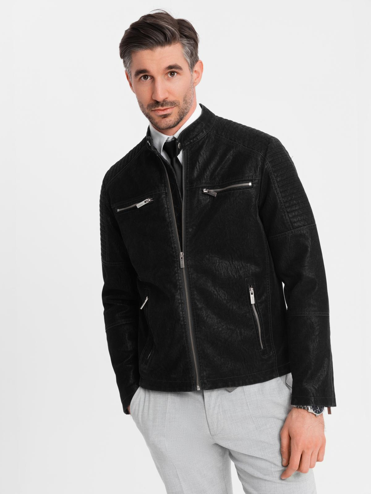 Ombre Men's retro-style biker jacket with stand-up collar - black