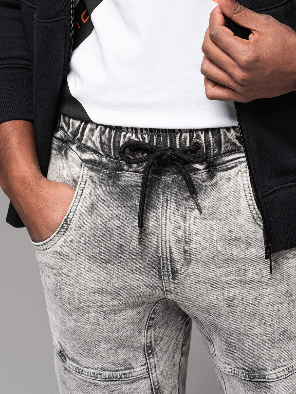 Ombre Men&#039;s denim jogger pants with rips and zippers - gray
