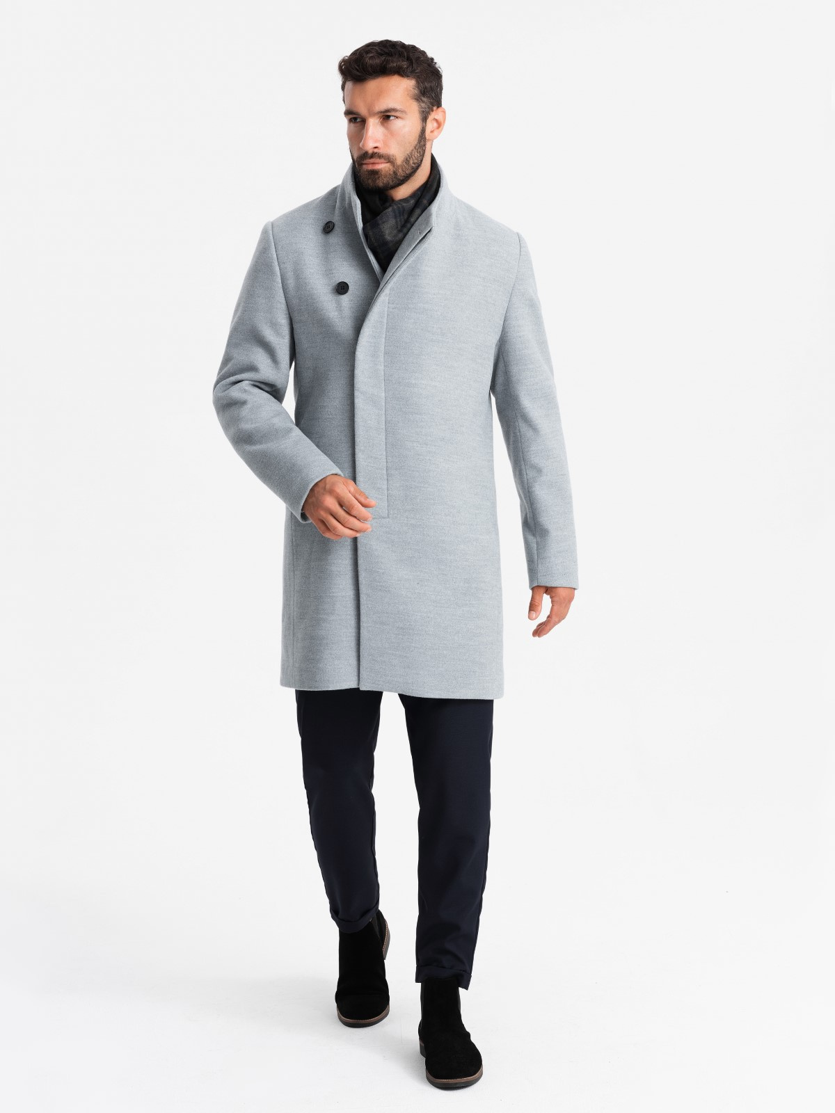 Ombre Men's coat with high collar and asymmetrical fastening - grey melange