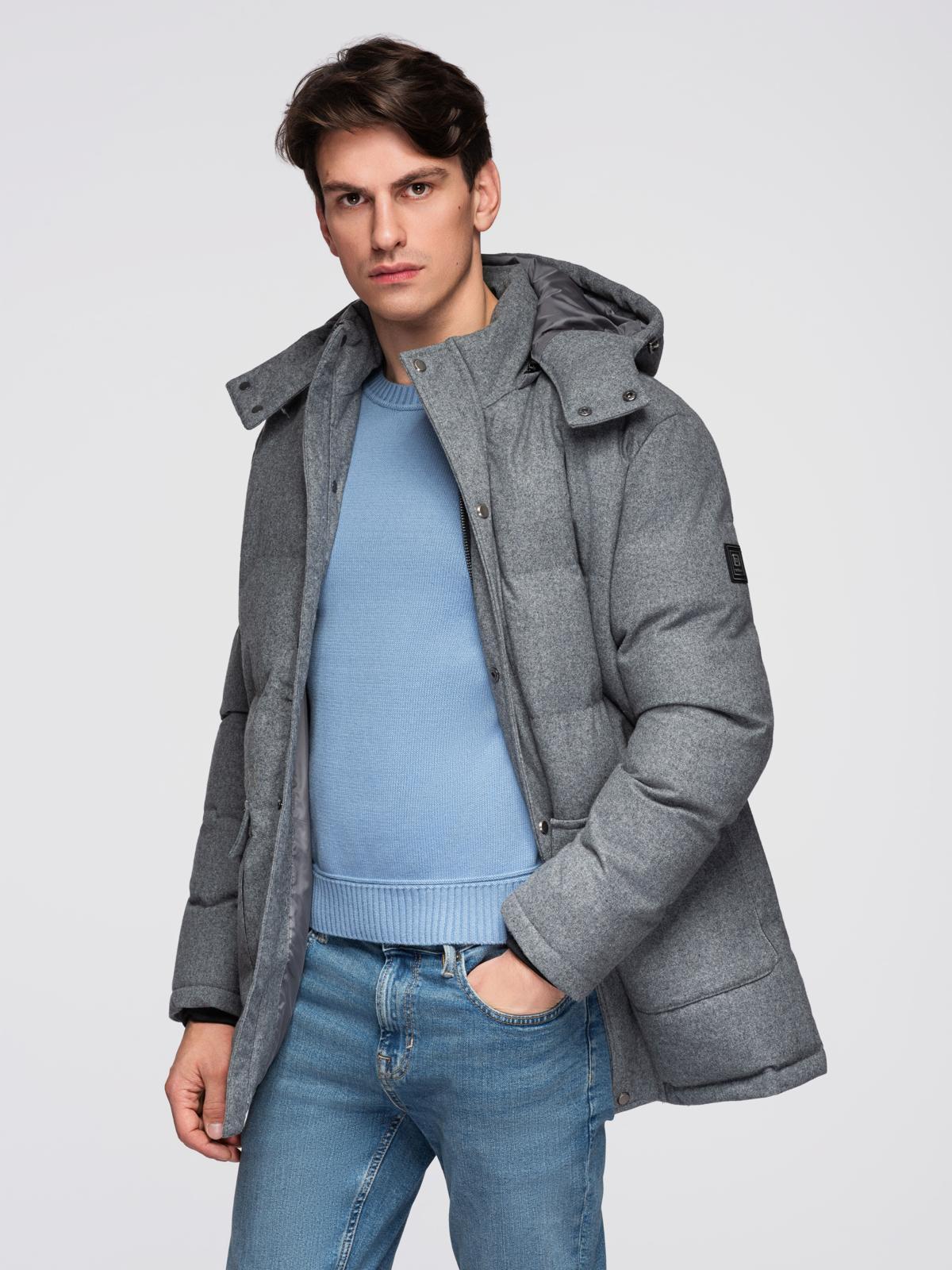 Ombre Warm long men&#039;s parka jacket with wool - grey melange