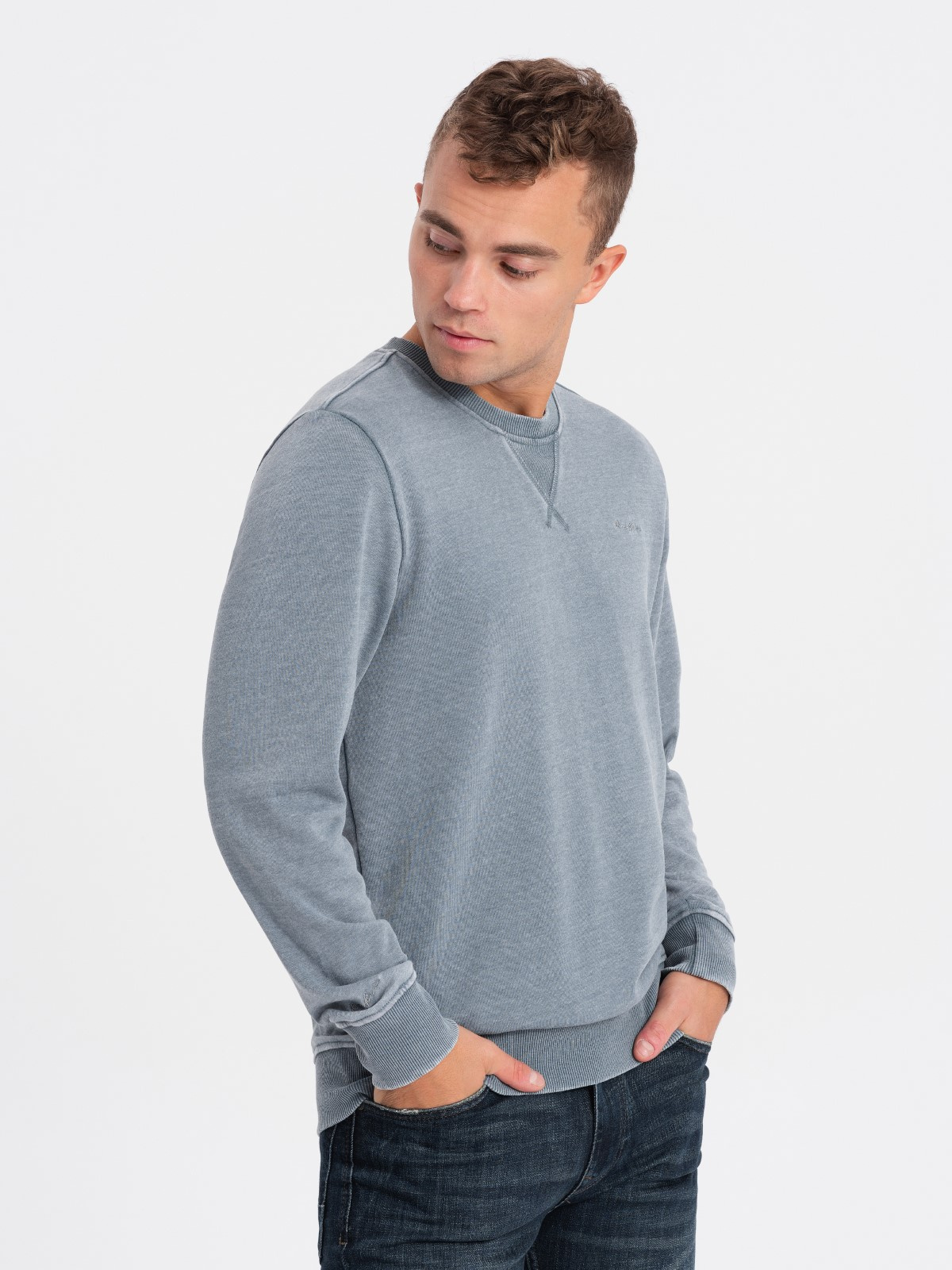 Ombre Washed Men's Sweatshirt With Decorative Stitching At The Neckline - Light Blue