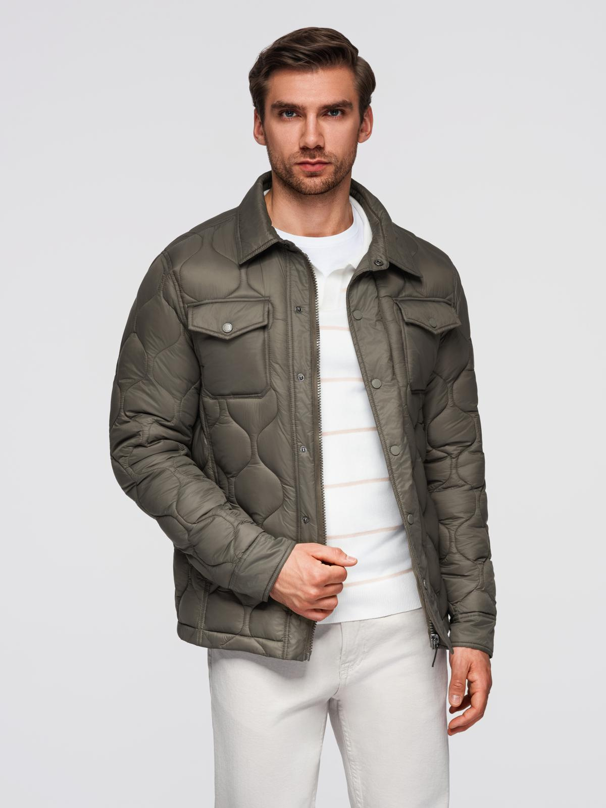 Ombre Men's quilted jacket in shirt cut - khaki