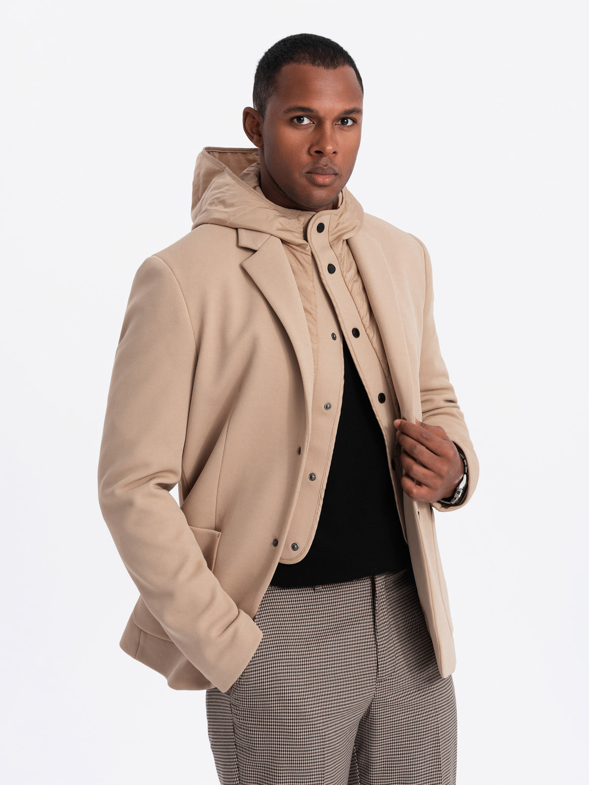 Ombre Men's jacket with high collar and hood - light brown