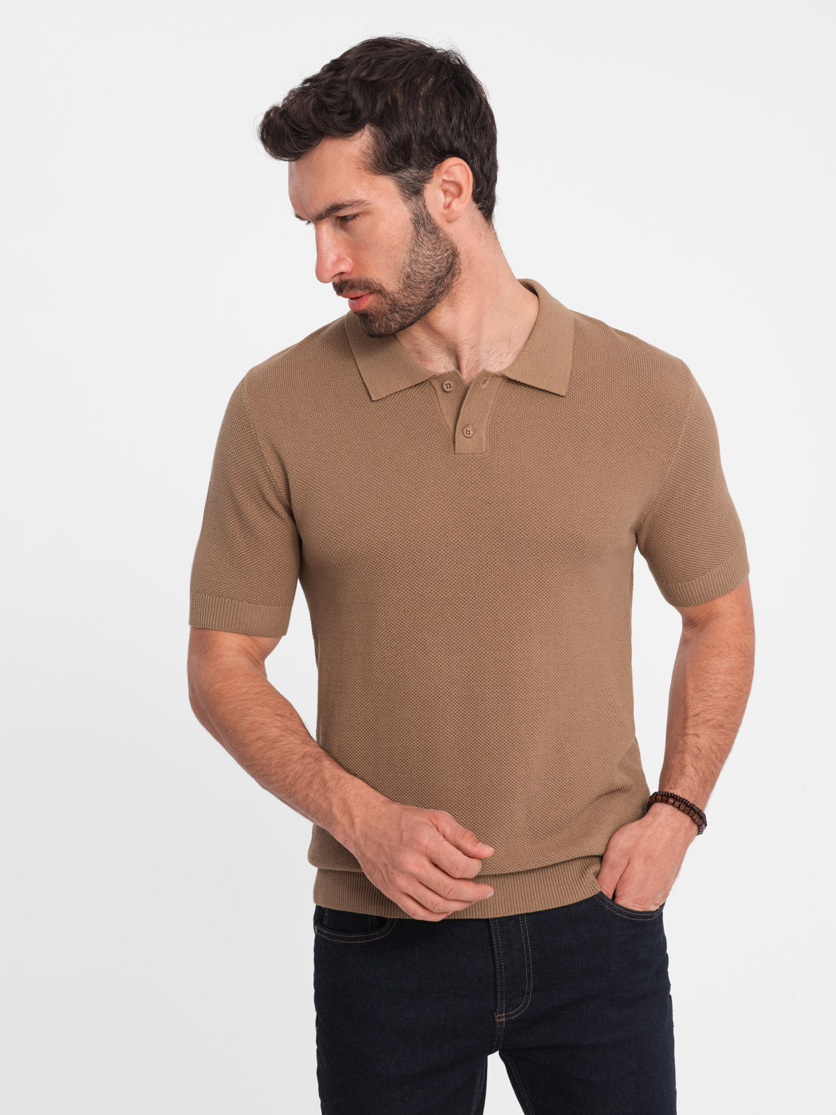 Ombre Men's Structured Knit Polo Shirt - Light Brown