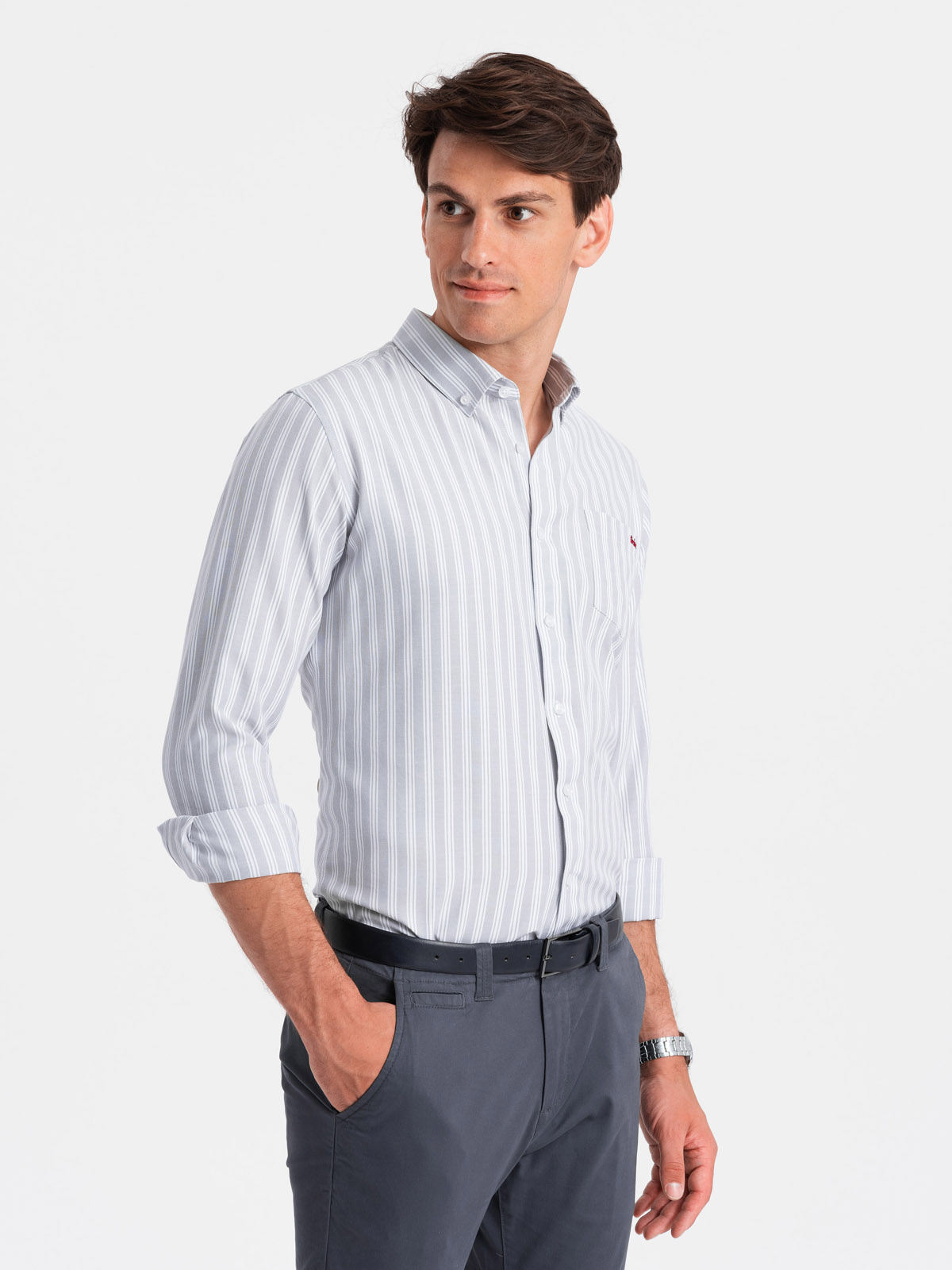 Ombre Men&#039;s REGULAR FIT shirt in white stripes with pocket - grey