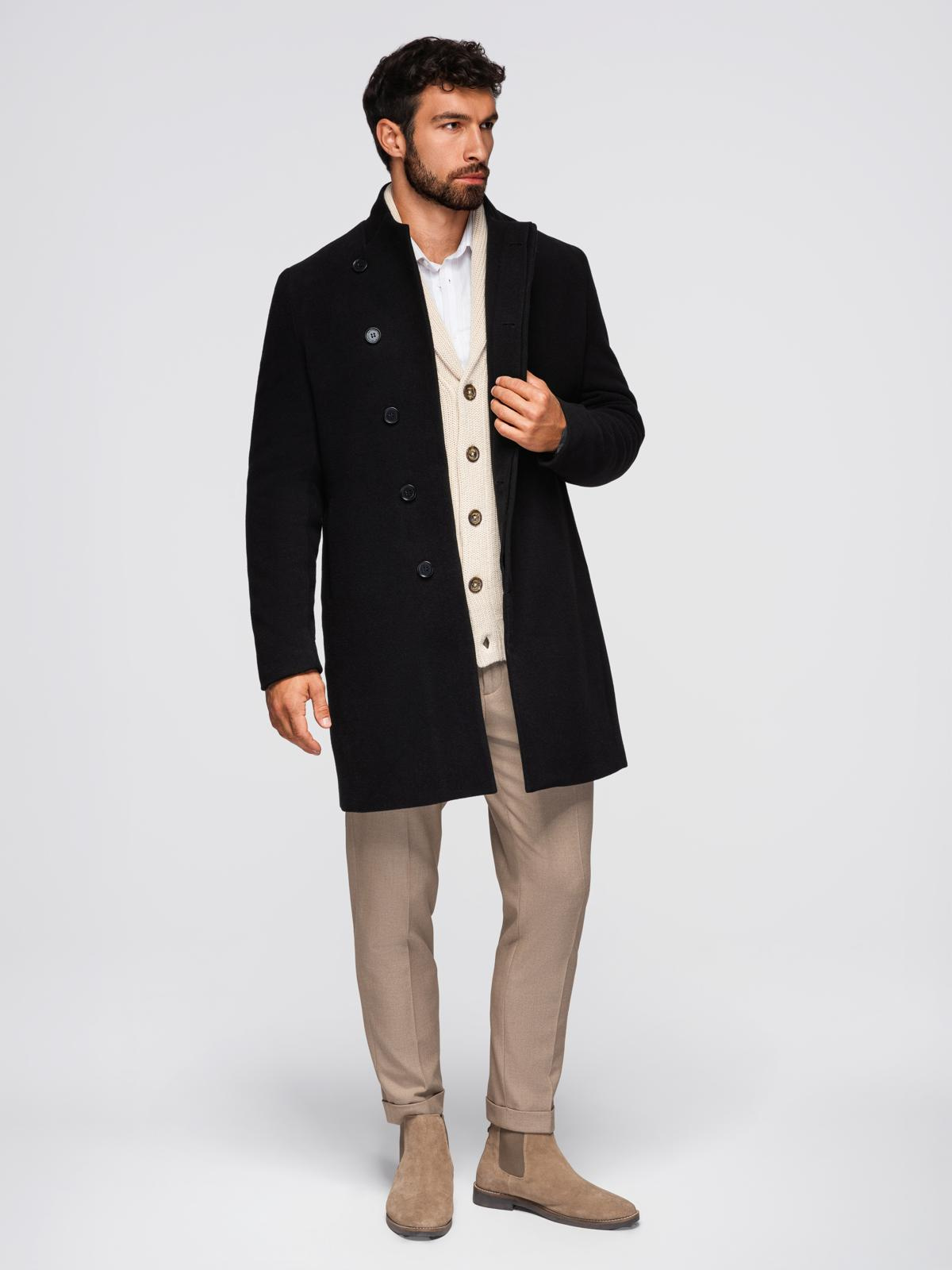 Ombre Men&#039;s coat with high collar and asymmetrical fastening - black