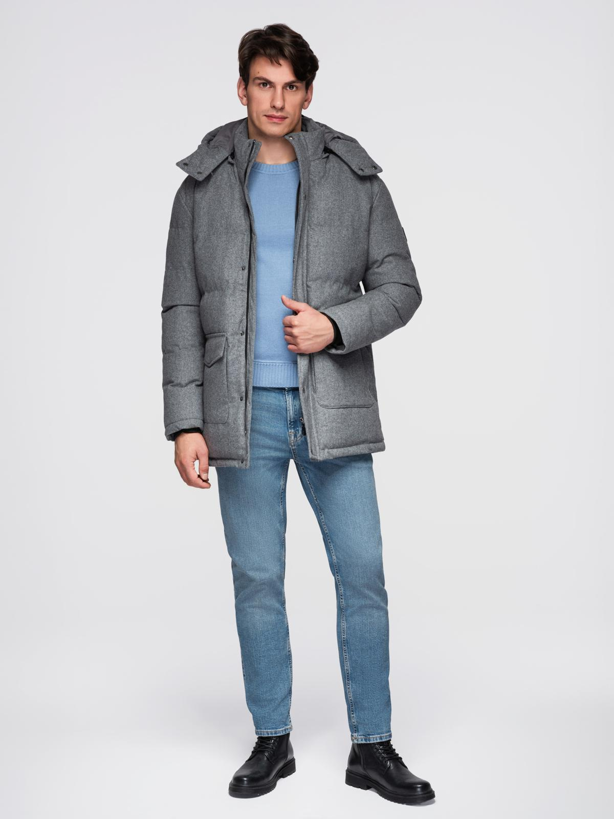 Ombre Warm long men&#039;s parka jacket with wool - grey melange