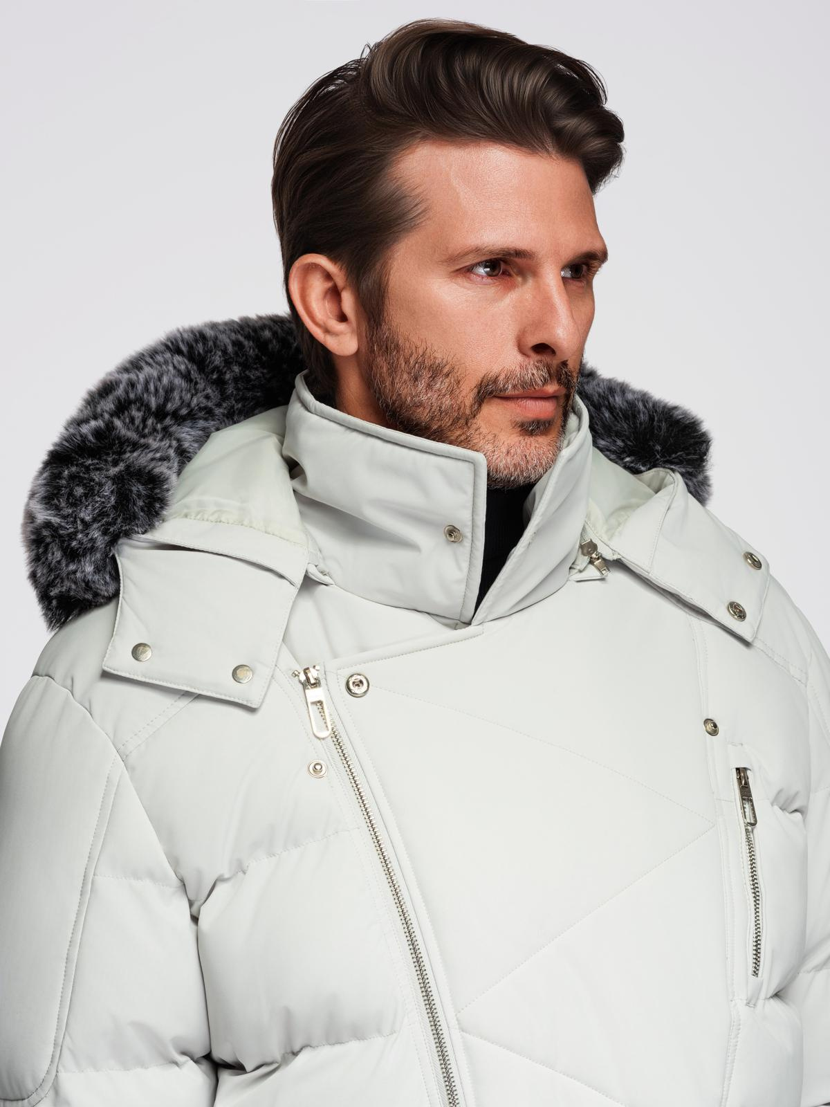 Ombre Men&#039;s quilted jacket with hooded ramonesque cut - light grey