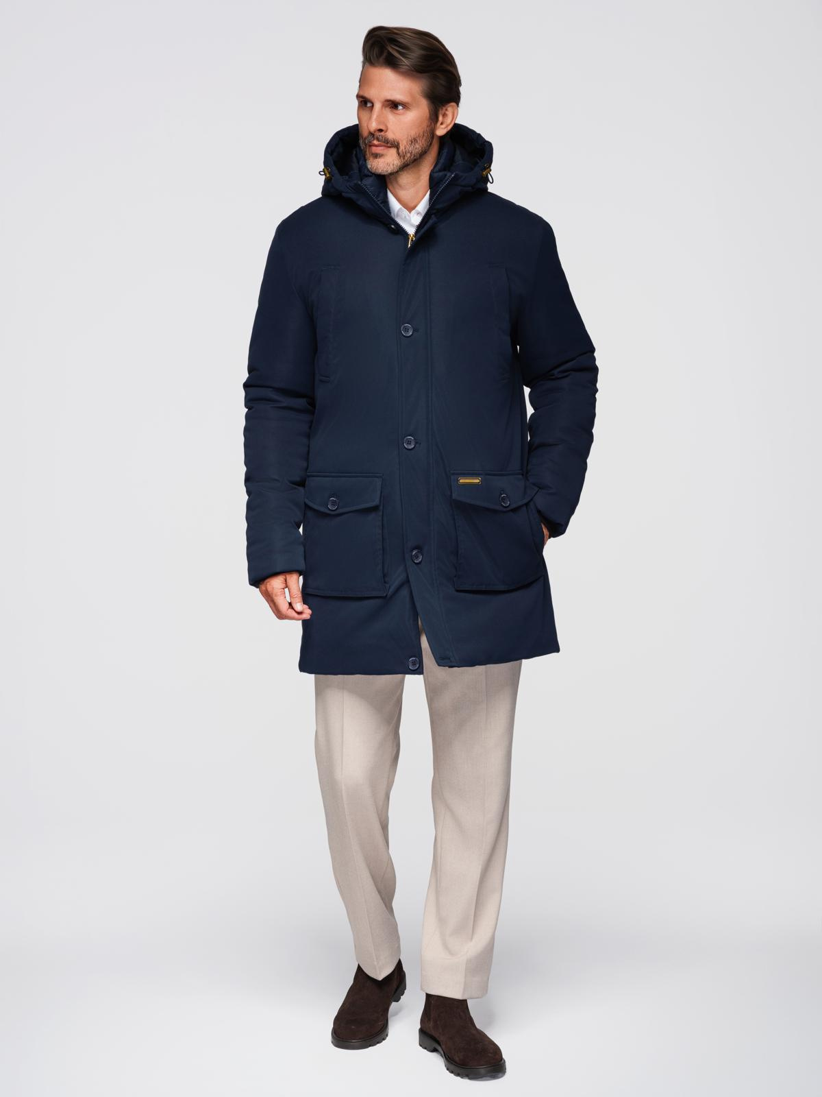 Ombre Elegant men&#039;s parka with cargo pockets and hood - navy blue