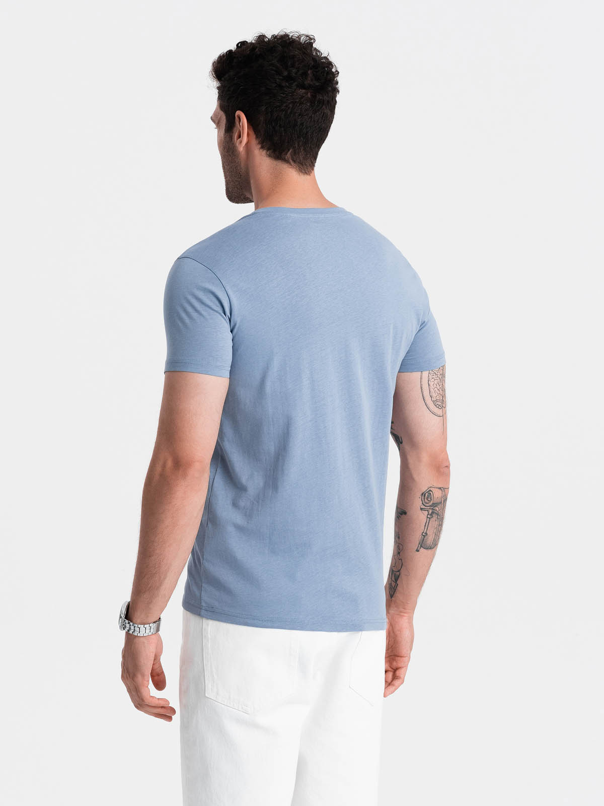 Ombre BASIC men's classic cotton T-shirt with a serape neckline - blue