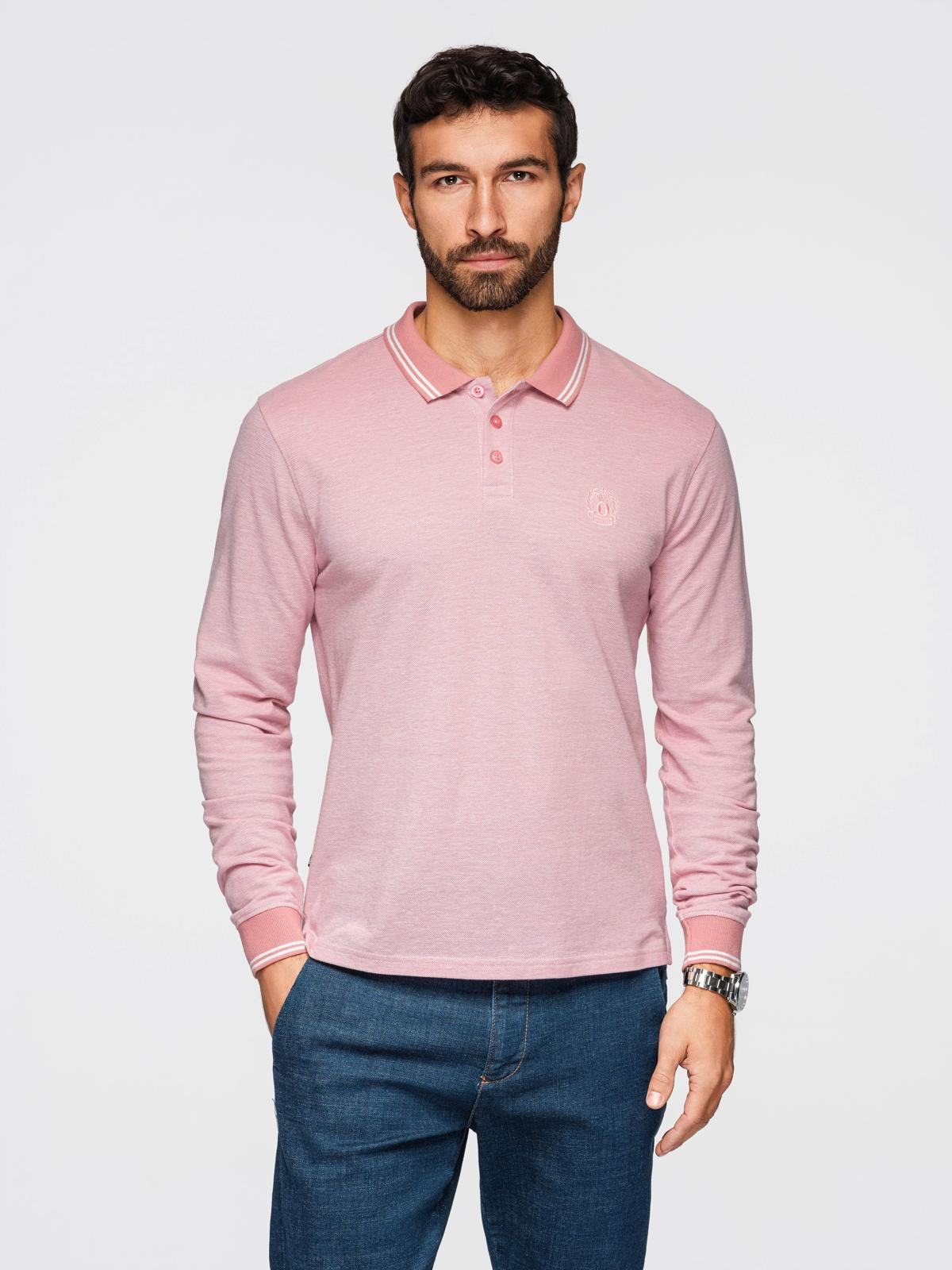 Ombre Men's melange polo longsleeve with embroidery - pink melange