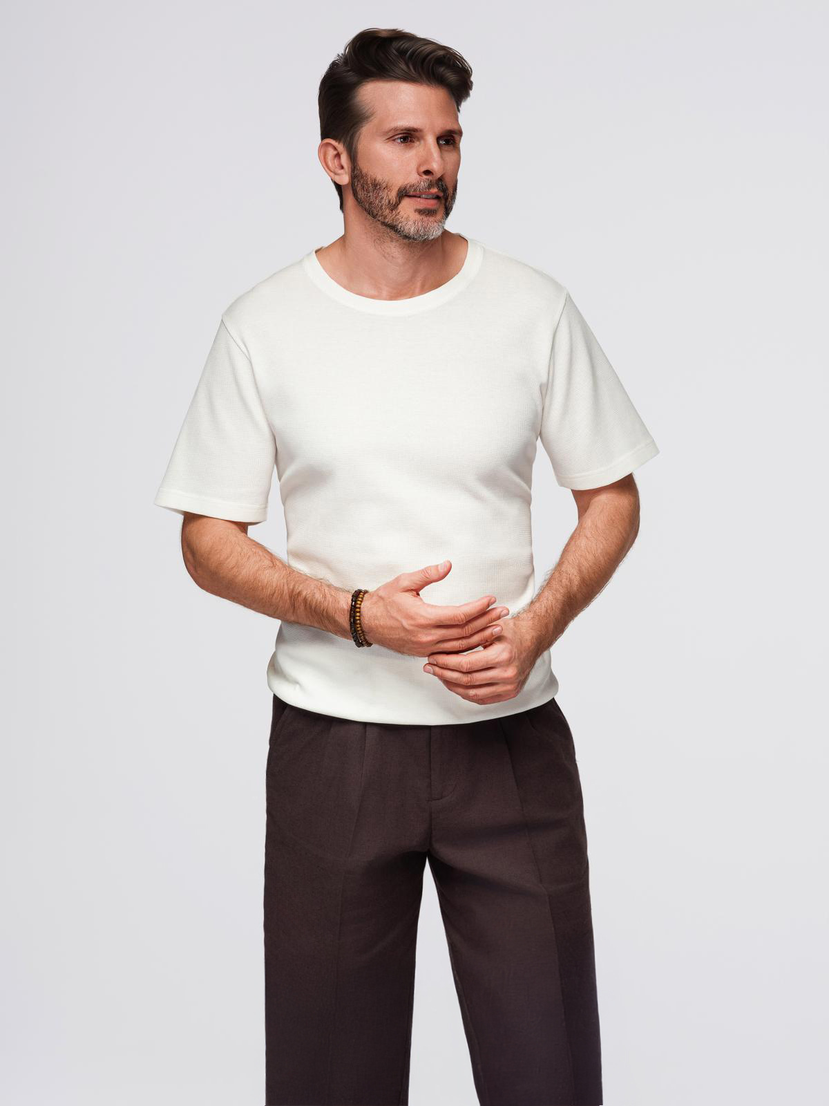 Ombre Men's waffle-textured T-shirt with round neckline - broken white