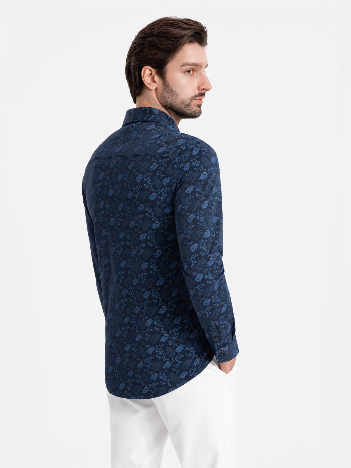 Ombre Men&#039;s cotton shirt with floral motif - navy blue