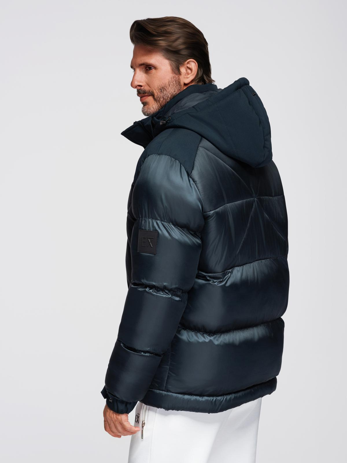 Ombre Men&#039;s hooded jacket with geometric diamond quilting - navy blue