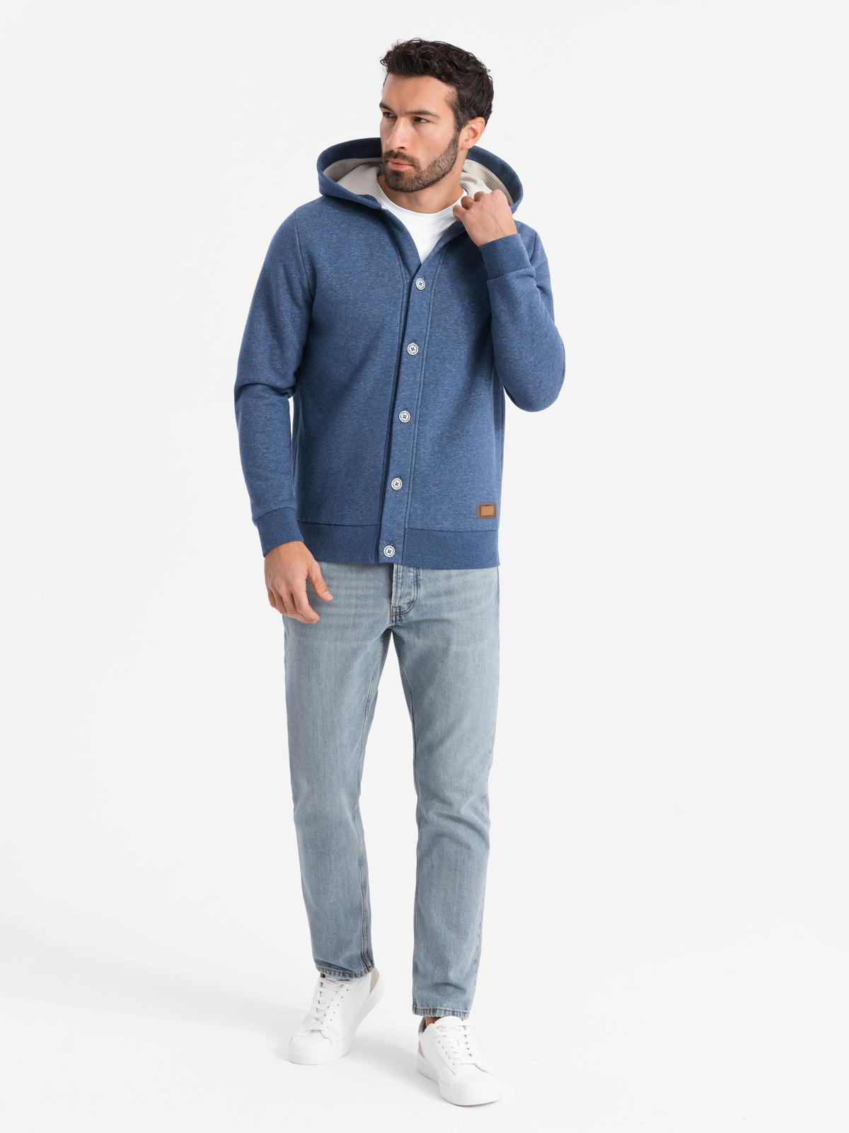 Ombre Men&#039;s button-down hooded sweatshirt - navy blue melange