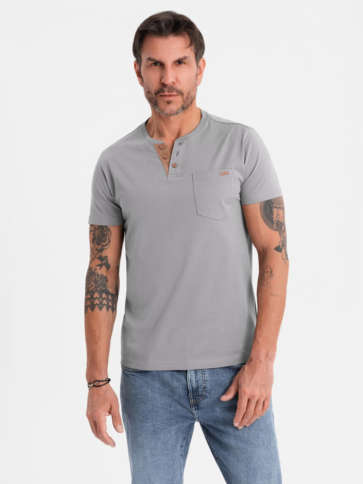 Ombre Men's t-shirt with button neckline and suede trim - grey