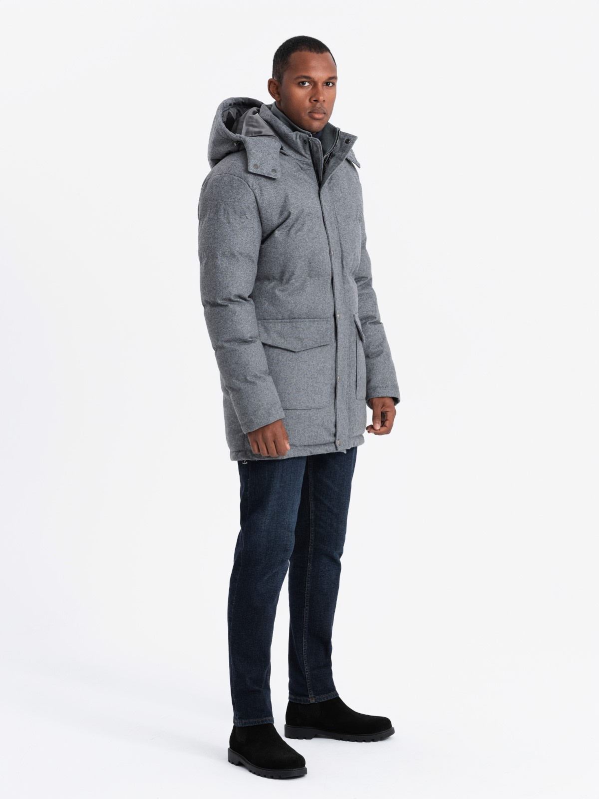 Ombre Warm long men&#039;s parka jacket with wool - grey melange