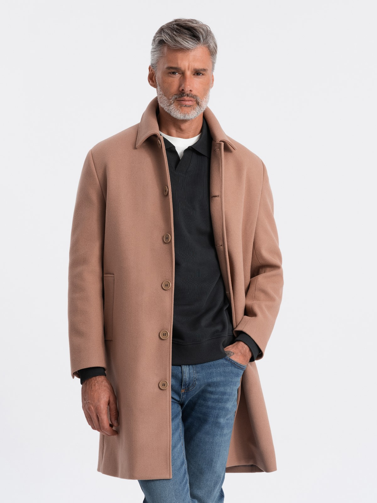 Ombre Single-breasted men&#039;s long coat with collar and bolster - brown