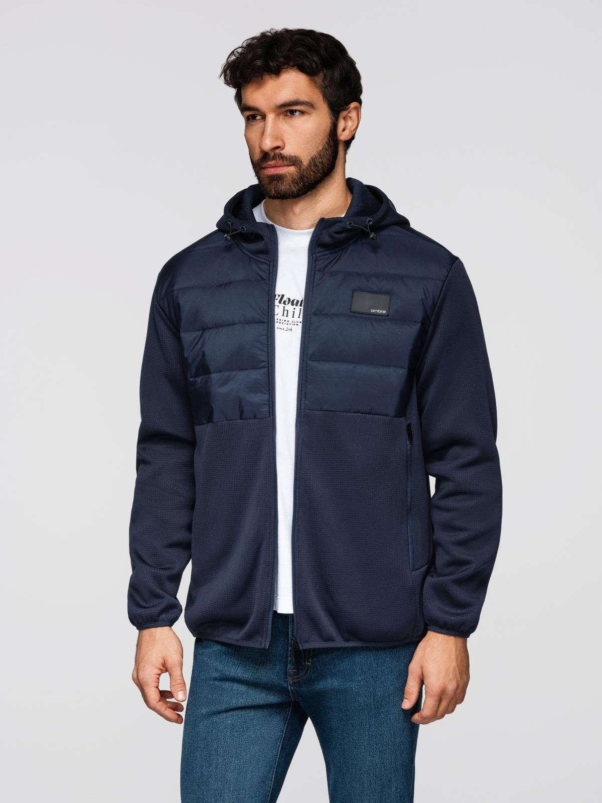 Ombre Men's lightweight jacket of combined materials with hood and decorative quilting - navy blue