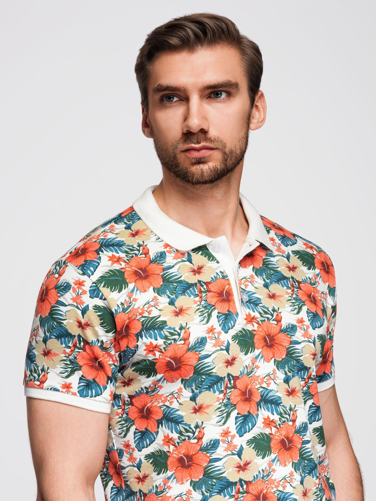 Ombre Cotton polo shirt with floral print - white