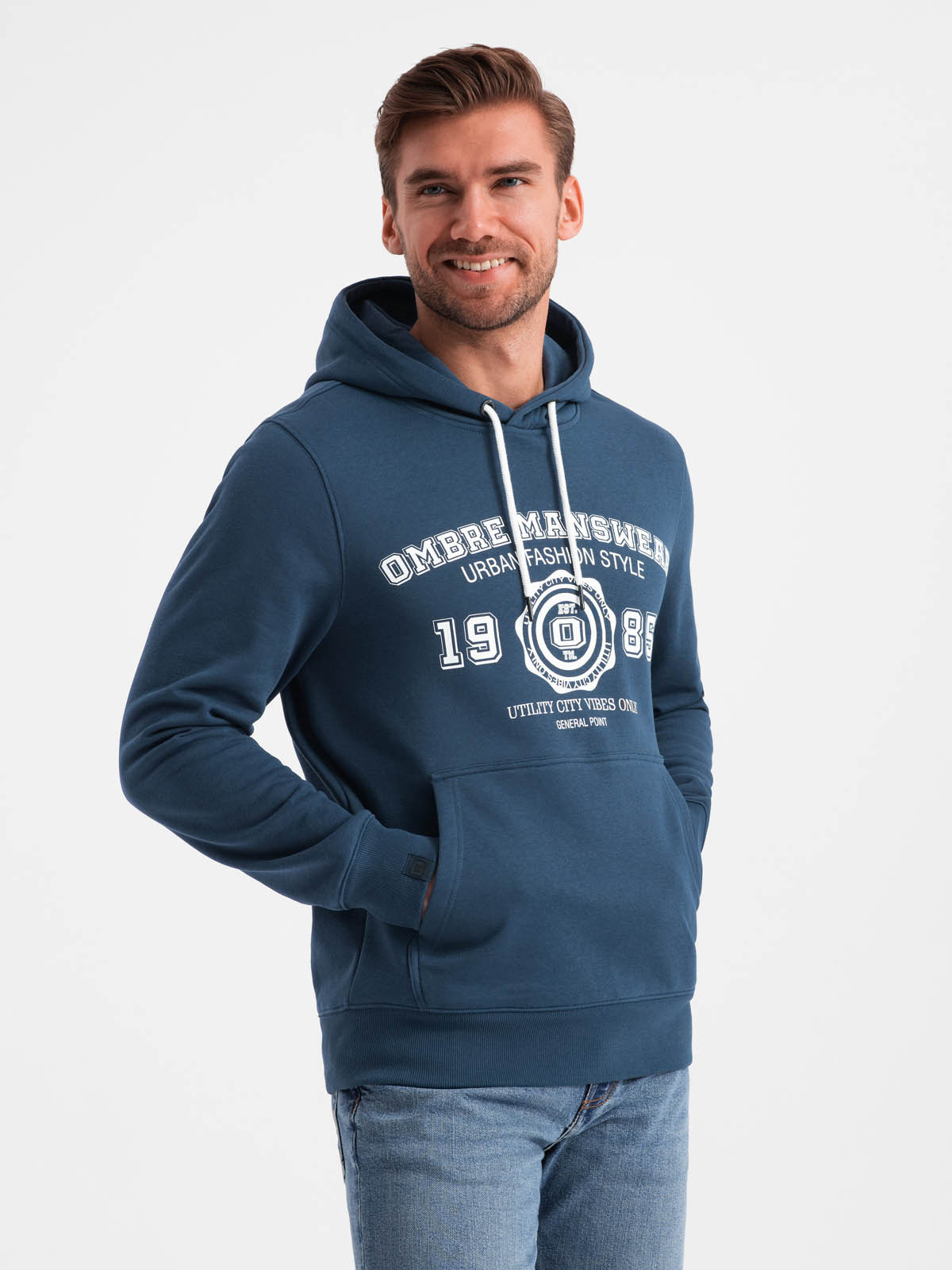 Ombre Men&#039;s kangaroo hoodie with college style print - navy blue