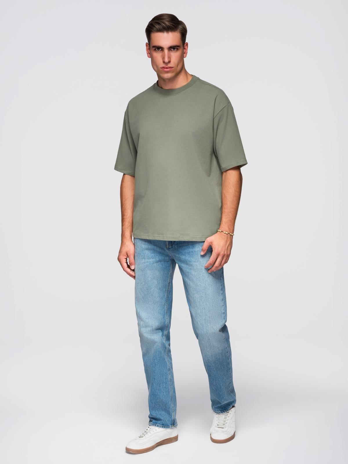 Ombre Men's LOOSE FIT cotton t-shirt with round neckline - khaki