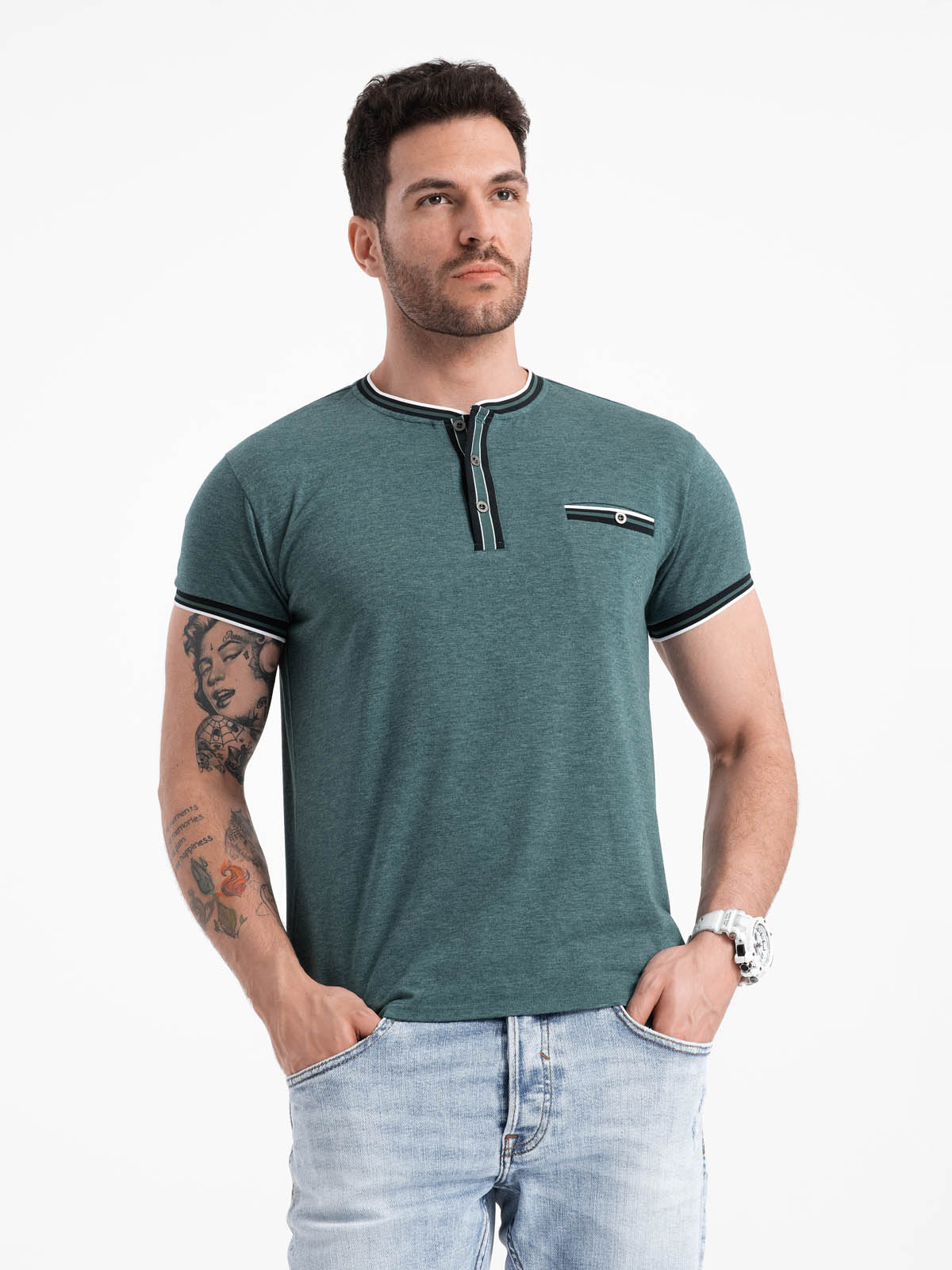 Ombre Men's Henley T-shirt With Decorative Ribbing - Dark Green