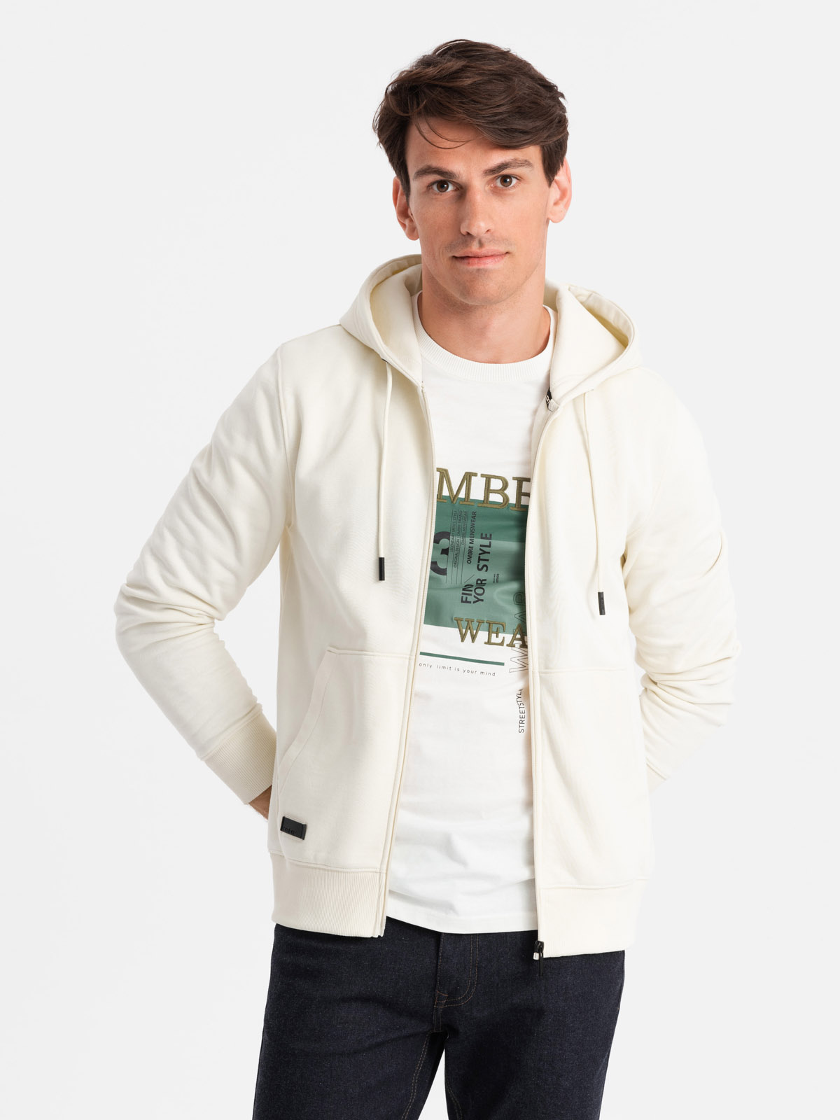 Ombre Men&#039;s unbuttoned cotton BASIC sweatshirt - cream