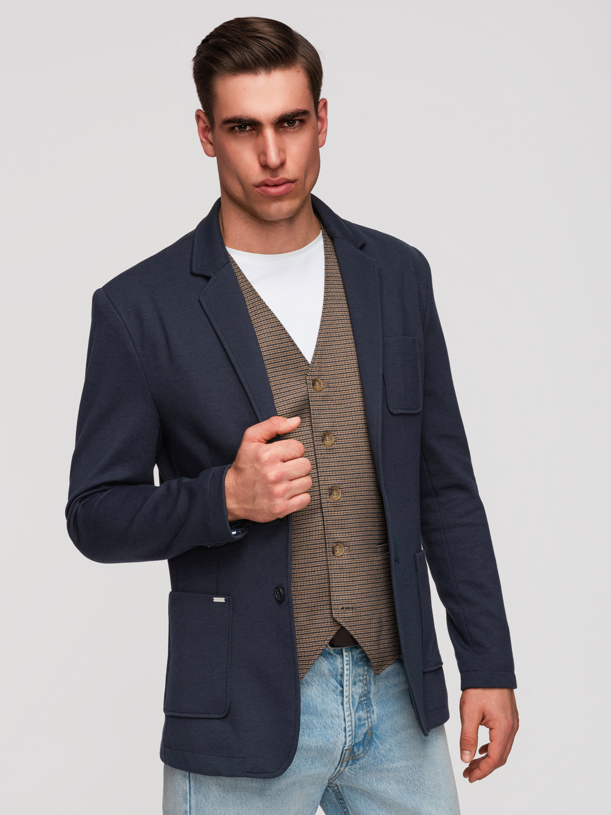 Ombre Men's SLIM knit jacket with subtle texture - navy blue