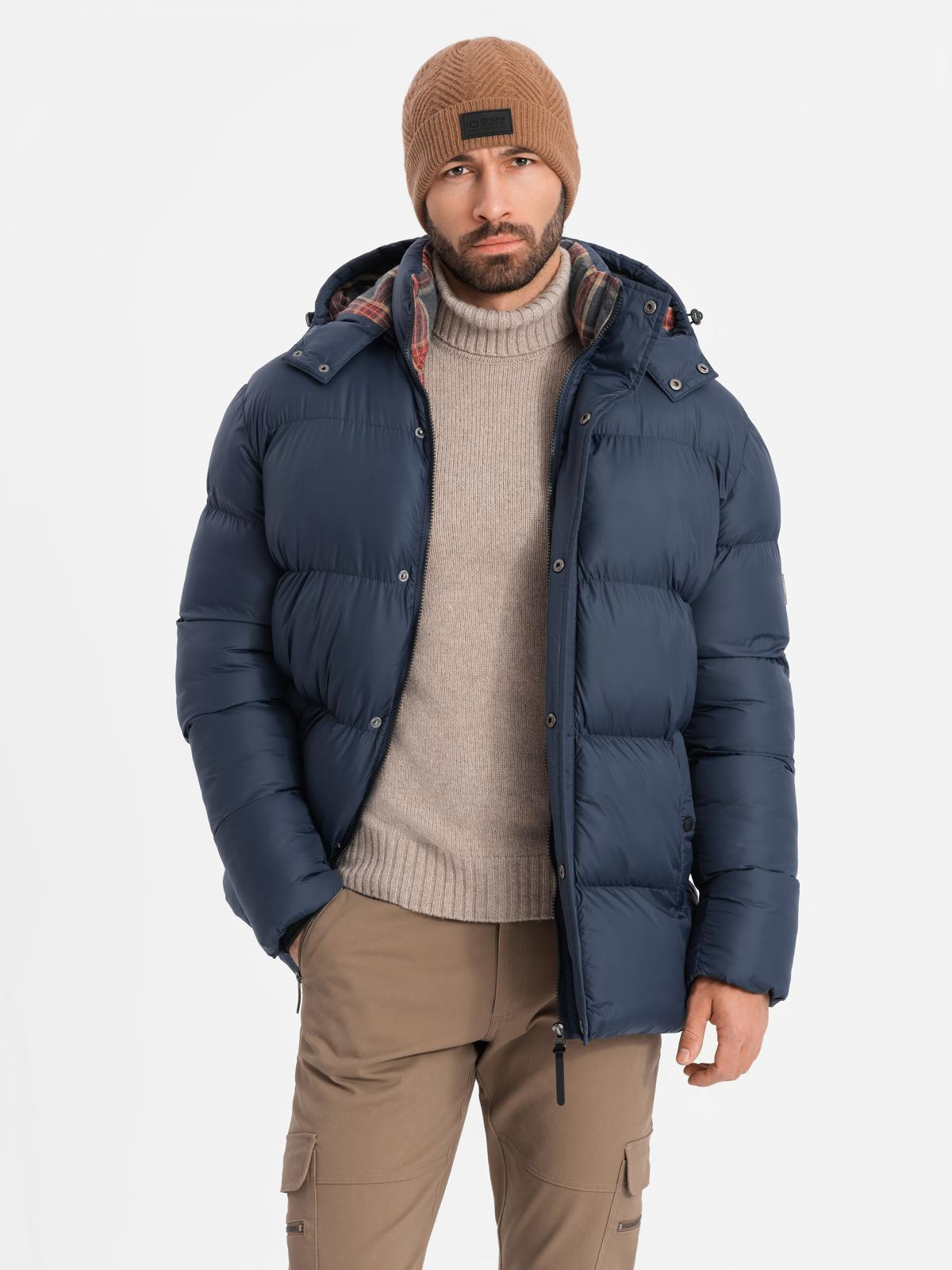 Ombre Men's puffer jacket with check lining - navy blue