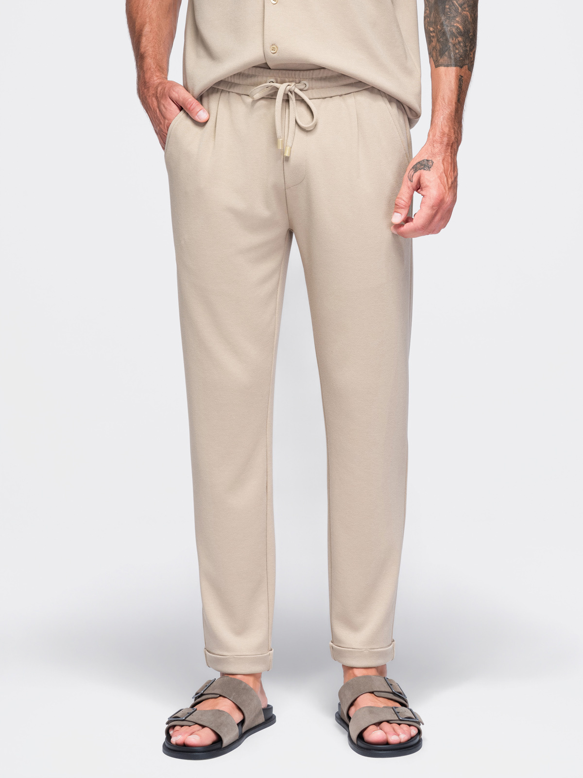 Ombre Men’s viscose chino trousers with a ribbed waistband – beige